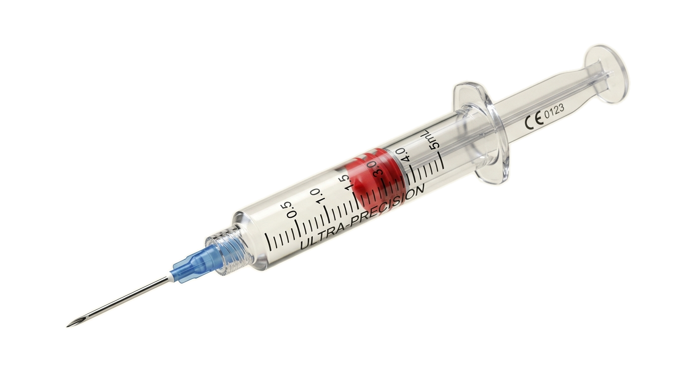 AI-DISPO UltraFlow Precision Syringe isolated transparent render with crystal clear graduated barrel and ultra-sharp needle