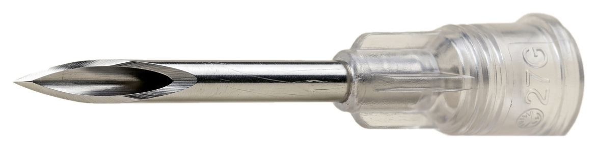 Macro extreme close-up of AI-DISPO ultra-sharp 25G stainless steel needle tip bevel and luer-lock hub